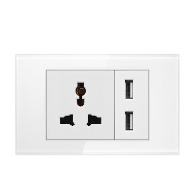 China 118Type USA Tempered Glass Panel Wall Outlet Socket with2 Multi Strip 2.1A USB Socket KS18-055 for sale