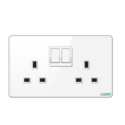 China KAISI R-U Twin Socket 13A Residential/Multi-Purpose Electrical Double Tempered Glass Wall Socket White/Double Electrical Wall Socket With Switch and Neon for sale