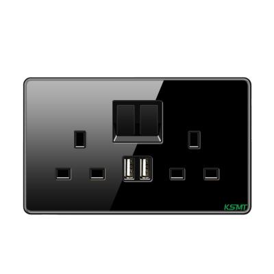 China KAISI Residential/Multipurpose UK 13A USB Wall Socket Tempered Glass Wall Sockets and UK Switches Wall Socket with UK USB Ports for sale