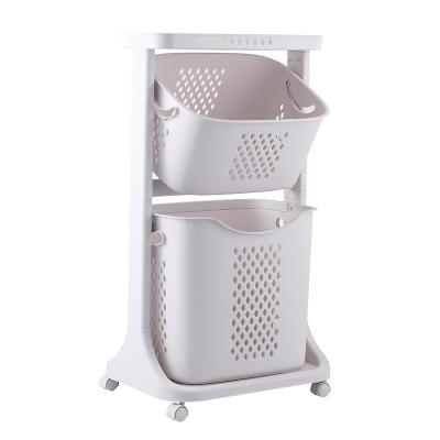 China 2 Layer Sustainable Plastic Bathroom Laundry Storage Basket With Wheels Handles for sale