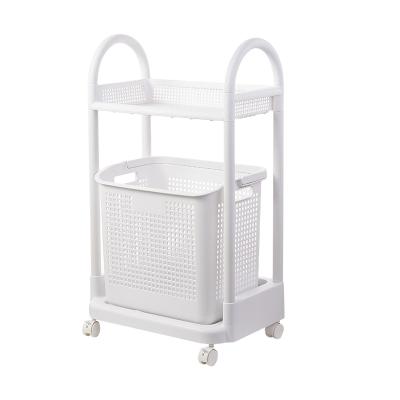 China Kitchen Sustainable Bathroom Trolley Cart Laundry Storage Basket Plastic Organizer with Wheels Handles for sale