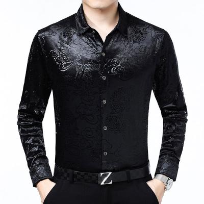 China Breathable Button Down Business Casual Office Floral Dress Shirt, Male Camisas Velvet Long Sleeve Men Shirt for sale