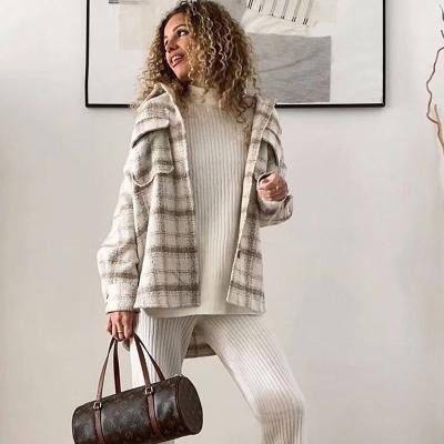 China Woolen Loose Blazers Autumn Woman Coats Long Breasted Casual Thick Tweed Plaid Simple Breathable Jackets for sale