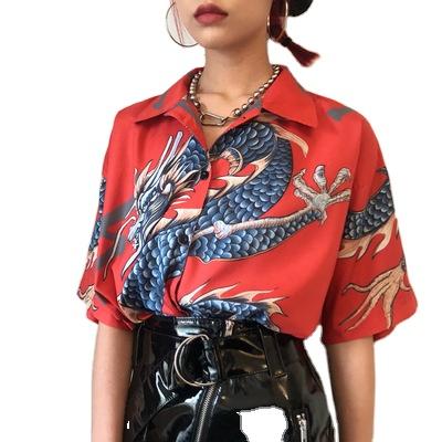 China 2021 Anti-wrinkle Streetwear Short Sleeve Printed Unisex Shirt, Loose Breathable Vacation Dragon Shirt Women for sale