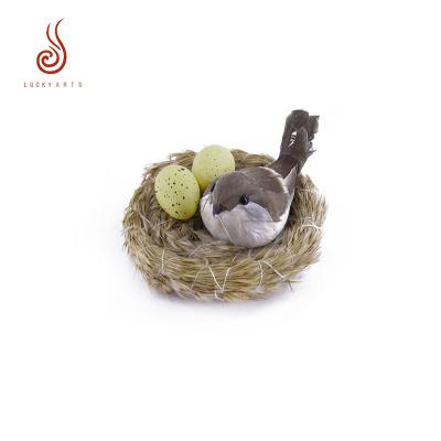 China 2019 New Design High Grade Handmade Artificial Neck Feather Craft Bird With Eggs In The Nest For Garden Adoros Decoration for sale