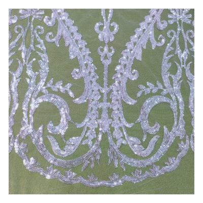 China Breathable Luxury White Super Bright Crystal Sequin Tulle Embroidery Lace Wedding Party Embroidery Fabric for sale