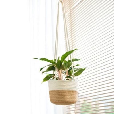 China Eco-friendly Rattan Indoor Durable Plant Baskets Flower Pot Hanging Pots For Garden With Rope Handle for sale