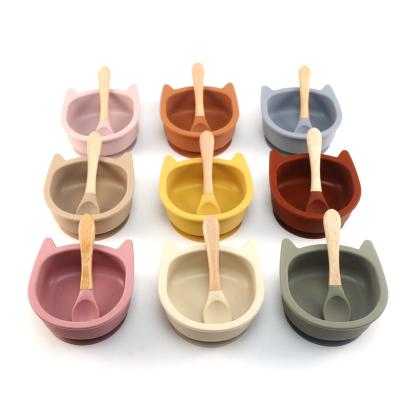 China BPA Free Silicone Baby Suction Spoon Silicone Feeding Set Bowl For Baby Rabbit Ear Shape Suction Bowl for sale