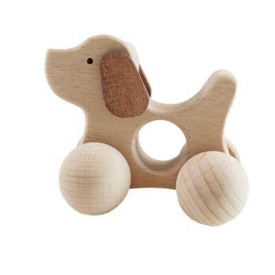 China Toy Handpolish Beech Wood Trojan Horse Baby Car Toy Dog Teether Camera Rattle Soft Natural Toy for sale