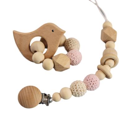 China BPA free wooden clip set of baby rattle hook pacifier chain baby teether crochet beads pacifier chain for sale