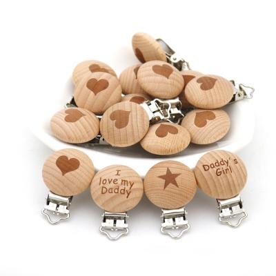 China BPA Free Wholesale Beech Wood Dummy Clips with Custom Laser Logo Customized Baby Pacifier Clip for sale