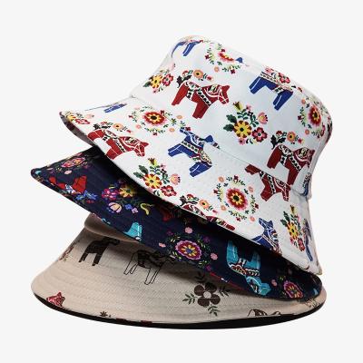 China 2022 European and American Style Designer Brand Bucket Hat Women's Luxury Bucket Hat Women's Horse Floral Print Cotton Fisherman Hat Outdoor Travel Graffiti Sun Hat Spring for sale