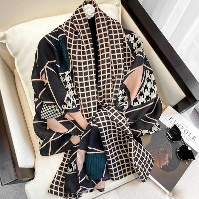 China 2022 New Women's Autumn Spring Scarf Cotton Hijab Shawls Houndstooth Plaid Print Beach Wraps Scarves Headband Female Bandanas for sale