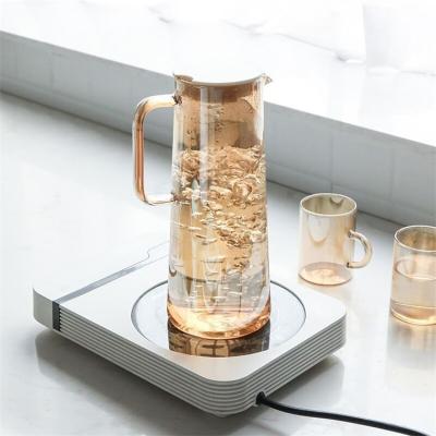 China Sustainable High Quality Amber Glass Drinking Water Jug And Cup Set Mounted Gold Tray for sale