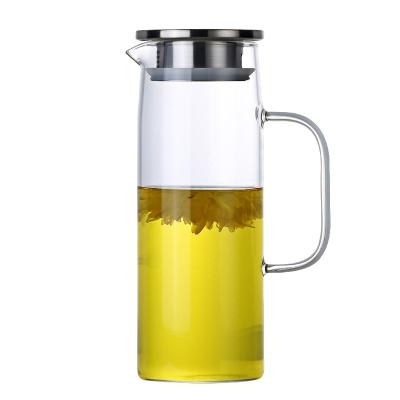 China Sustainable Hot And Cold Water Jug Tea Beverage Carafe Glass Water Pitcher With Stainless Steel Lid for sale