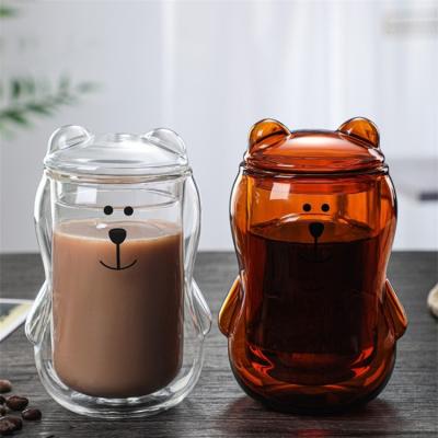 China Viable New Design Cute Double Cup Bear Milk Glass Cup With Lid for sale