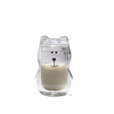 China Sustainable Lover Gift Kid Cute Bear Shaped Double Wall Glass Coffee Mug With Glass Lid for sale