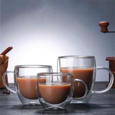 China Viable Large Clear Borosilicate 250ml/350ml Double Wall Glass Coffee Tea Cups Mugs With Handle for sale