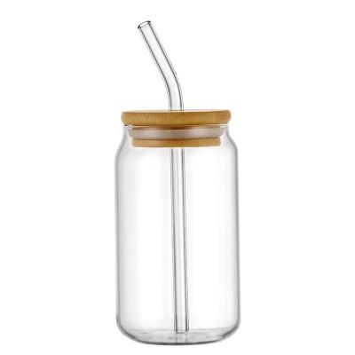 China Sustainable Clear glass with lid can shape cola cup household coffee drink cup with straw glass for sale