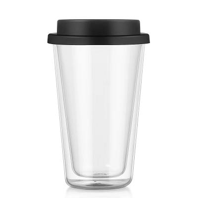 China Sustainable Hot sale high borosilicate glass cup hand blown glass coffee cup with lid 350ML heat insulated double cup for sale