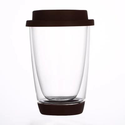 China Sustainable Thickened double borosilicate glass coffee cup Factory wholesale 350ml milk cup with silicone lid for sale