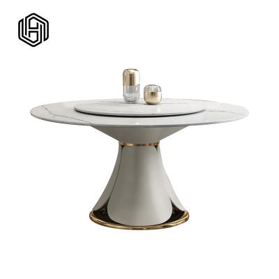 China high quality round rectangle diningroomsets gold stainless steel Wear-resisting dining table set 6 chairs for sale