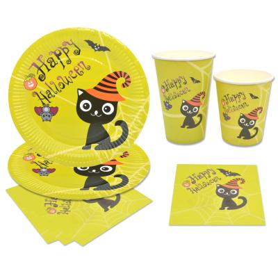 China Halloween HW Cat Party Disposable Tableware Tableware Kits Paper Plates Cup Disposable Napkin for Adult Kid Party Supplies for sale