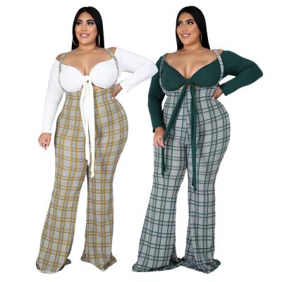 China 2021 Summer Fashion Women Clothing Breathable Plus Size Plaid Pants 2 Piece Sets for sale