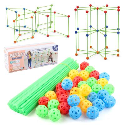 China Diy Eco-Friendly Material Tent Indoor And Outdoor Kids Bead Tent Kids Build Fort Building Kit Plastic Crazy Fort With Balls And Sticks for sale