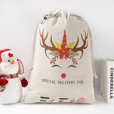 China Drawstring Pocket Christmas Cotton Elk Patterns Large Size Natural Canvas Bag Drawstring Color Spot Christmas Sack Candy Gift Bag for sale