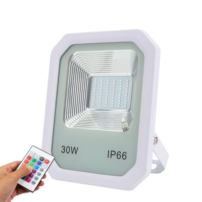 China Warning Color RGB and White Instant To Light IP66 Landscape Park RGB Outdoor Remote Control 30W Adjustable Instant Led Flood Light for sale