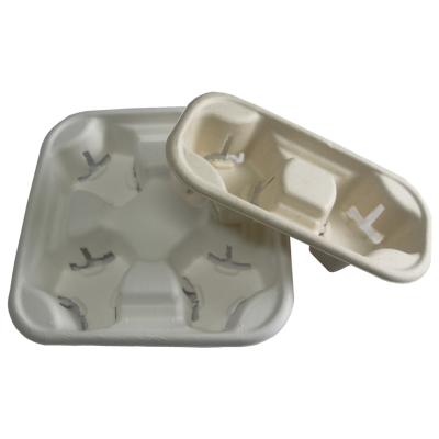 China CLASSIC 2 White/Unbleached 4 Cup Disposable Drink Bagasse Cup Carrier White/Unbleached Sugar Cane Tray for sale