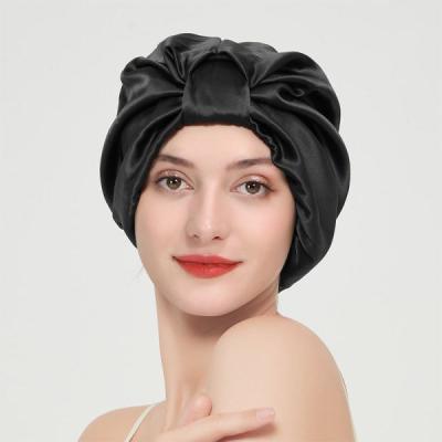 China 100% Pure Luxury Eco-friendly Mulberry Double Layer Drawstring Hair Wraps Designer Silk Satin Bonnets With Logo for sale