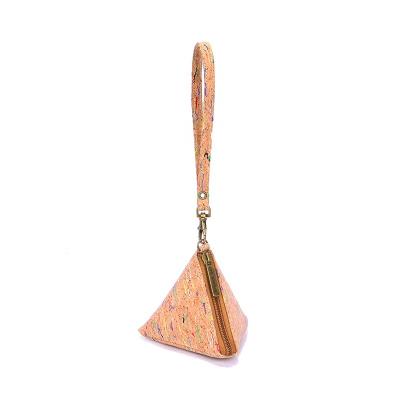 China Factory Custom Printed Eco-Friendly Cork Triangle Coin Bag With Eco-Friendly Cork Change Purse Lightweight Portable Mini Zipper Cork Bag for sale