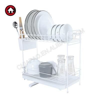 China Sustainable 2 Tier Kitchen Metal Wire Dish Drainer Dish Drying Rack and Bowl Holder with Plastic Tray Utensil Holder for sale