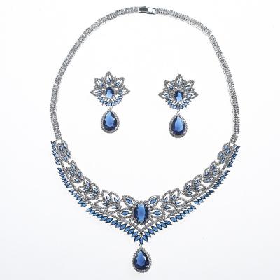 China Dubai Saudi Arabia UAE Classic Women's Style Earrings Jewelry Pendant Necklace Vintage Sapphire Two Piece Water Drop for sale