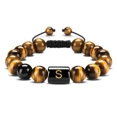 China Cute 26 Letter Natural Stone Hand & Woven Natural Bracelet 10MM Tiger Eye Stone Agate Beads Bracelet For Men for sale