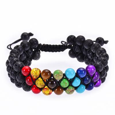 China 2021 Cute Hot Stone Seven Chakra The New Lava Rock Three-Row Bracelet Natural Bead Woven Adjustable Multilayer Bracelet for sale