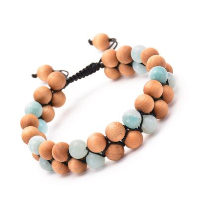 China 2021 Cute Natural Stone Wooden Bead Double Row Mala Double Stone Bead Adjustable Amazon Bracelet for sale