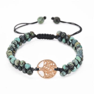 China Cute Double Layer 6MM Natural Stone Bracelet Woven Wrapped Tree Yoga Pendant Life Beads Adjustable Hand String for sale