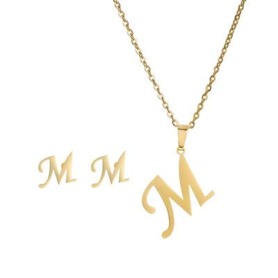 China High Quality Jewelry Set Stainless Steel Gift Necklace Set 26 Letters Stainless Steel Necklace Earring Set 18K Vacuum Plated for sale