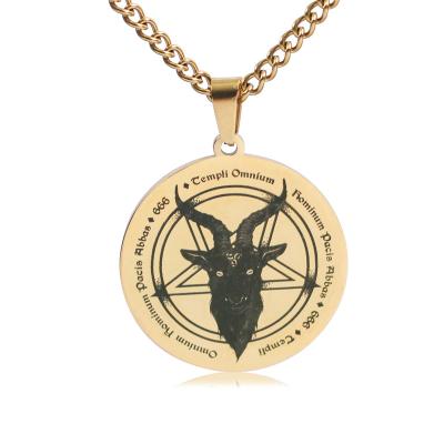 China FASHIONABLE Stainless Steel Carved Head Solomon Satan Five-Pointed Star Skull Logo Circular Pendant For Men for sale