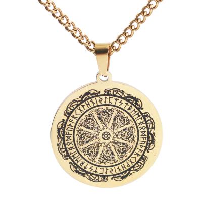 China 2021 Punk Viking Odin Logo Rune Magic Circle Pendant Necklace Laser Engraved Stainless Steel Mens Necklace for sale