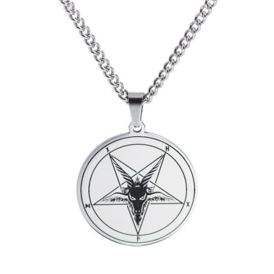 China 2021 Punk Satan Stainless Steel Inverted Ram Necklace Round Goat Head Five-pointed Skull Star Pendant Necklace for sale