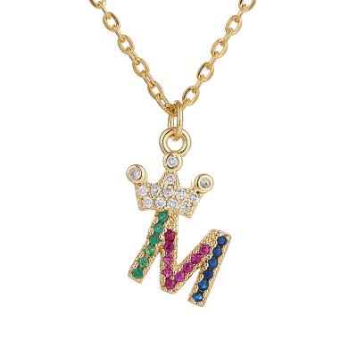 China Punk 26 English Letters Fashion Crown Pendant Necklace Stainless Steel Zircon Chain Colorful Letter Pendant Jewelry for sale