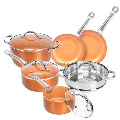 China 10pcs cookware induction ceramic cookware sets non stick copper pan aluminum cooking pot frying pan pressed cookware pot set for sale