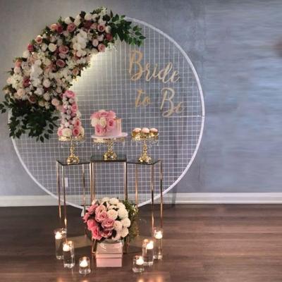 China Best Selling Metal Wedding Round Mesh Backdrop Wedding Backdrop With Flower And Stand Set for sale