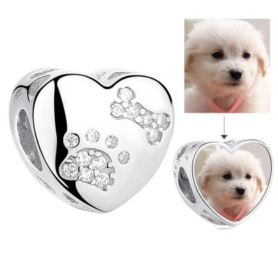 China Custom 925 Sterling Silver Pet Paw Print Heart Photo Charms Fit Bracelet Personalized Jewelry for sale