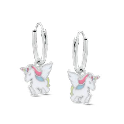 China Fashion Unique 925 Silver Kid's Multicolor Enamel Unicorn Dangle Hoop Earrings for sale