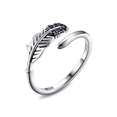 China Nickel Free 925 Sterling Silver Open Ring Feather Ring Adjustable Leaf Rings Jewelry For Women for sale